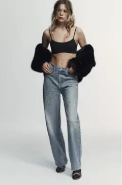 ラインストーンストレートフィットハイウエストデニムパンツ