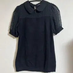 ADRIANNA PAPELL 【S】シアー袖 ドット襟 ニットトップス 黒
