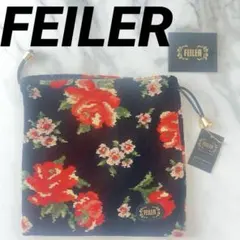 FEILER フェイラー　巾着ポーチ　タオルハンカチ　花柄　シェニール織　ミニ