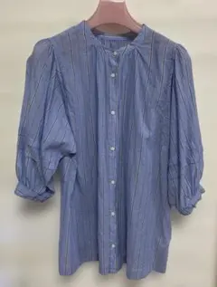 ニコアンド ノーカラー シャツ ブラウス ストライプ 七分袖 L