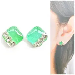 グリーン7mmスクエアピアス/イヤリング　再販