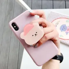 ポップソケット付きiPhoneケース　スマホグリップ　くすみカラー　韓国人気