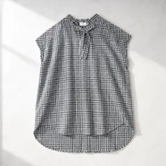 美品＊Yori ヨリ チェック柄 ボウタイブラウス フレンチスリーブ　日本製のサムネイル
