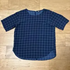 UNIQLO チェック柄 半袖カットソー ネイビー Mのサムネイル