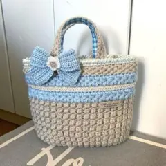 ハンドメイド＊春色ニットバッグ＊ベージュ×ライトブルー