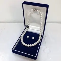 新品 ケース付き 白 本貝パールネックレス 42センチ ピアス8ミリ セット