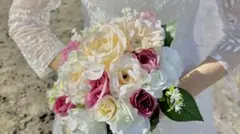 造花ブーケ ピンク ホワイト リボン付き