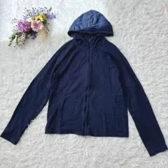 adidas　長袖パーカー　フード付き　ジップアップ　薄手　ロゴ　羽織り　紺　Ｓ