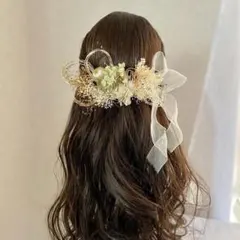 和玉とロングリボンのドライフラワー髪飾り　金箔　水引付　卒業式　袴　結婚式　緑