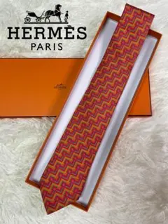 高級ネクタイ★エルメス HERMES シルク 幾何学柄 ピンク系 人気柄 橙