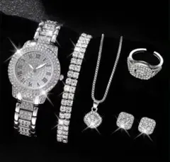 ダイヤモンド　5点セット　ピアス　ネックレス　ブレスレット　指輪　腕時計