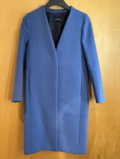 美品 グリーンレーベルリラクシング Vネック ノーカラーコート ブルー ウール