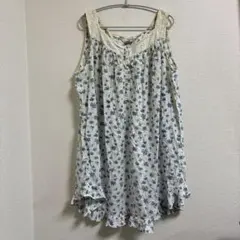 限定✨【L】小花柄ノースリーブチュニック白地 青 レース インド綿100%