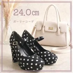 24cm ドット柄 パンプス 太ヒール 黒 GRL バッグ ガーリーコーデ