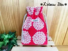 ハンドメイド✳︎マチあり巾着✳︎裏地付き✳︎リネンコード✳︎ピンクの北欧柄✖︎生成り