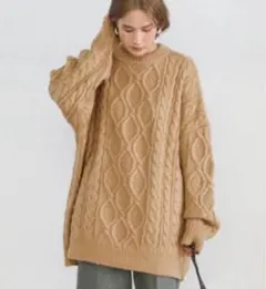 ケーブルオーバーサイズニット/ドロップショルダーチュニック丈ボリュームニット