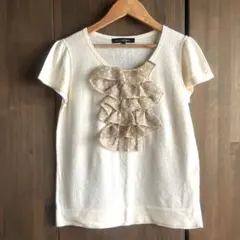 green label relaxing 半袖ニット フリル ベージュ 麻綿 M