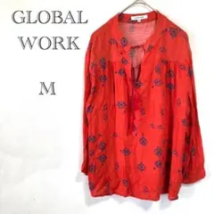 【グローバルワーク】 プリントタッセルブラウス 総柄 7分袖 薄手 春夏 赤