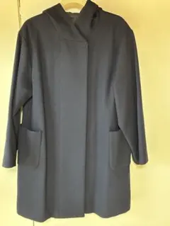 フード付きダークブルー　ウールコート　　LL