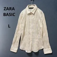 ザラベーシック　ストライプシャツ　長袖　光沢　ホワイト×ゴールド　Lサイズ