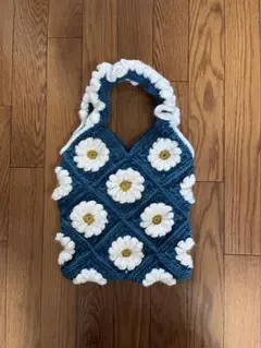 ハンドメイド　トートバッグ　花柄　編み物