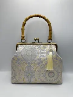 ハンドメイド　西陣織金襴 金糸 ラメ糸ハンド バッグ バンブー 持ち手 #536 ハンドメイド 西陣織金襴 金糸 ラメ糸ハンド バッグ バンブー 持ち手