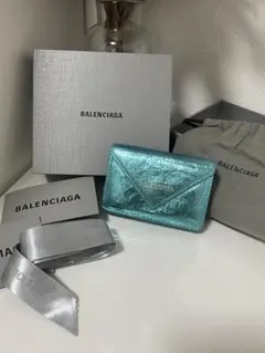 箱付 BALENCIAGA ペーパー ミニウォレット 三つ折り財布 レザー