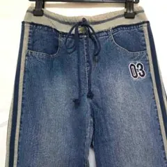 スエットデニム　サイドライン 　ストレート　ブルー　ウエストゴム