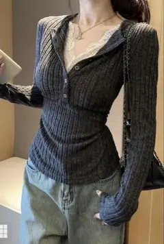 GRL レースドッキングヘンリーネックリブトップス[ks218]