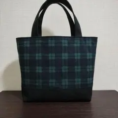 チェック×黒　シンプルなハンドメイドのミニトートバッグ　サブバッグ　手提げバッグ