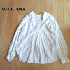 SLOBE IENA　長袖　リネン混　スキッパー　シャツ　キーネック　ホワイト