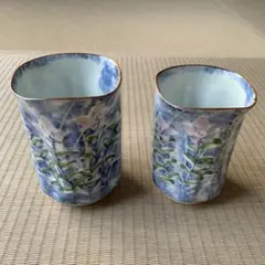 【有田焼】英泉　夫婦茶碗　青い花柄の角型湯飲み2個セット