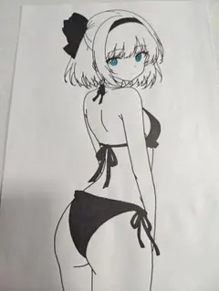 魂魄妖夢 水着 手描きイラスト 東方Project 美少女 A4 7