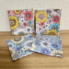 ハンドメイド　オシャレな大きなお花柄2種＆格子柄のコースター　4枚セット