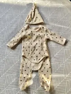 ユニセックス ドット柄ベビーロンパース セットアップ帽子付き