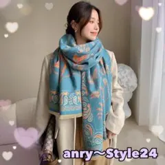新品 ストール くすみブルー ペイズリー柄 華やか 大人 韓国風 エレガント d