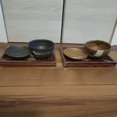 陶器 茶碗 小皿 2客セット 木製トレイ付きのサムネイル