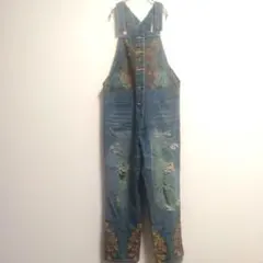 花柄デニムオーバーオール　ダメージ加工
