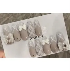 ネイルチップ チェック ワンホン リボン ガーリー 韓国