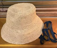 ベージュ ストローバケットハット リボン付き