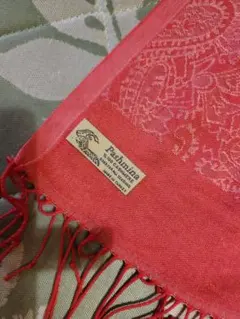 美品★パシュミナ(カシミア100%)★ジャガード織り★大判★濃いオレンジピンク★