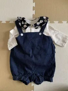 petit main デニムサロペット　しまむら　花柄ロンパースセット