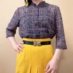 チェック柄 格子柄 スタンドカラーブラウス 昭和レトロ ヴィンテージ 日本製 紺