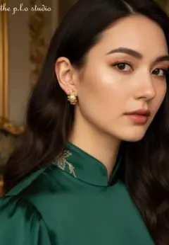 S【極美】ヴィンテージ調 立体彫刻 ピアス 8.5-9mm 淡水真珠 本真珠