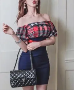 キャバドレス チェックワンピース オフショルダー 韓国ファッション