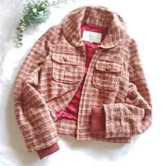 LIZLISA 当時物y2kツイードジャケット丸襟リブ袖リボン付きピンクブラウン