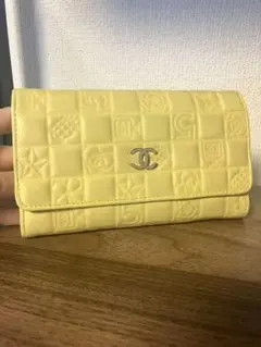 シャネル CHANEL 長財布 アイコンライン イエロー ラムスキン フラップ 