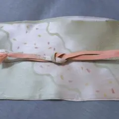 【着用少ない】淡い緑とピンクの桜模様帯揚げ 平織 橙色の帯締めセット
