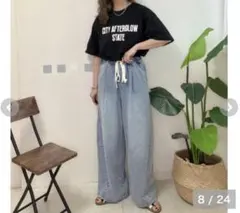 しまむら non デニムイージーパンツ M ライトブルー NOOOONのサムネイル