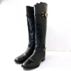 美品✨トリーバーチ　ロングブーツ　金ロゴ　7M 本革　ブラック　裏総柄